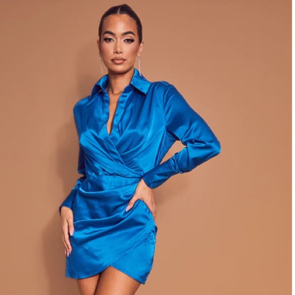 Prettylittlething Blue Satin Plunge Twist Front Shirt Style Bodycon Dress